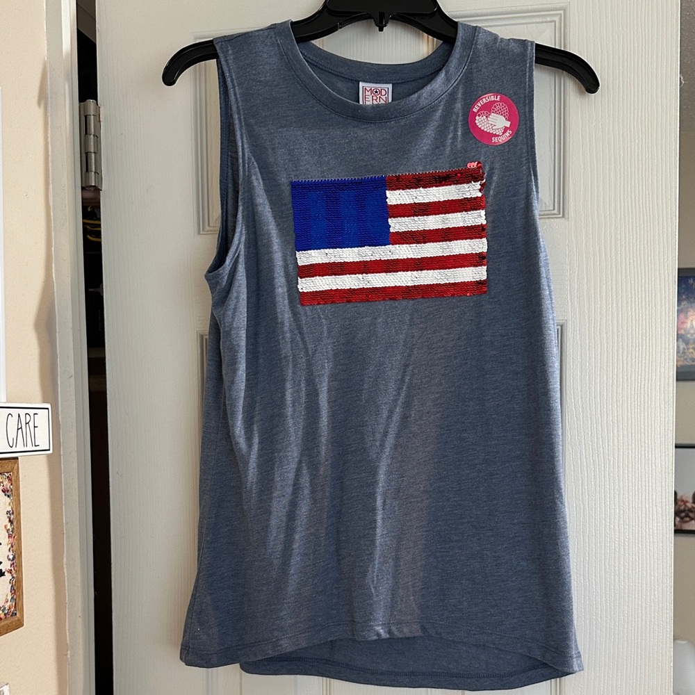 Modern Lux Blue Tank Top with American Flag reversible sequin design!
